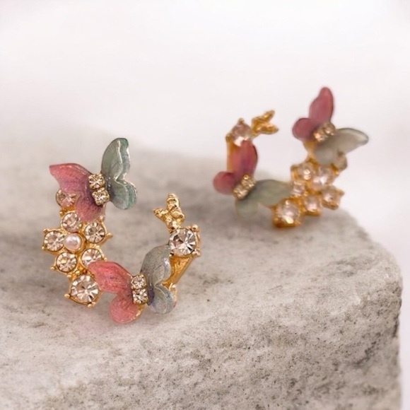 Gold Butterfly & Flower Earrings With Pearl & Rhinestone Accents - Picture 2 of 5